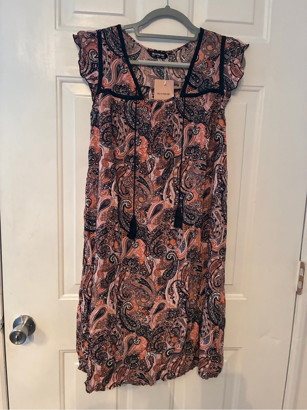 BloomChic Pink & Black Paisley Midi Dress with Tassel Detail